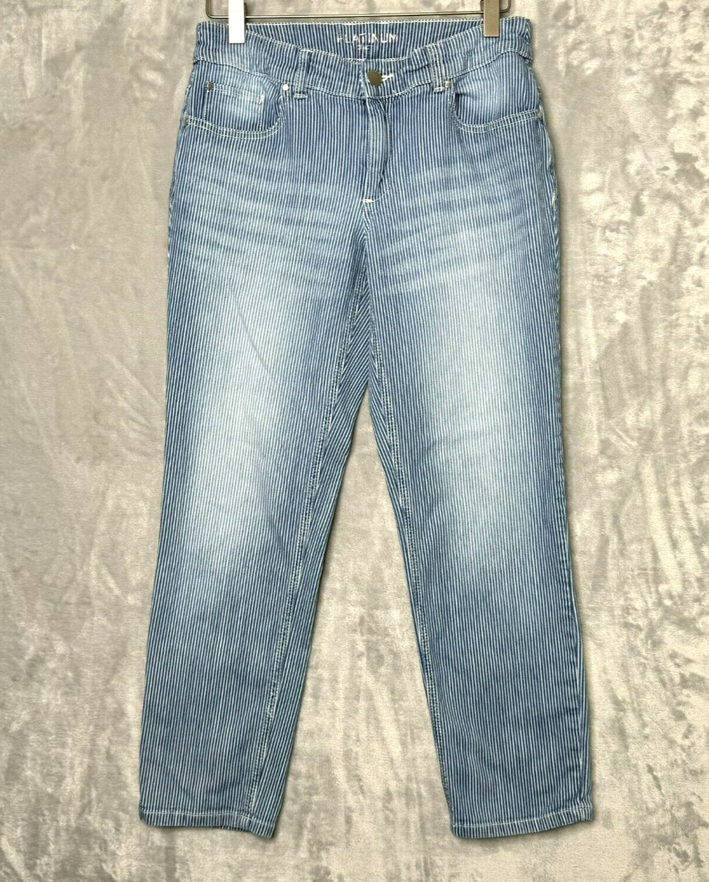 Chicos Platinum Jeans Womens XS Blue White Stripe Ankle Flat Front Stretch